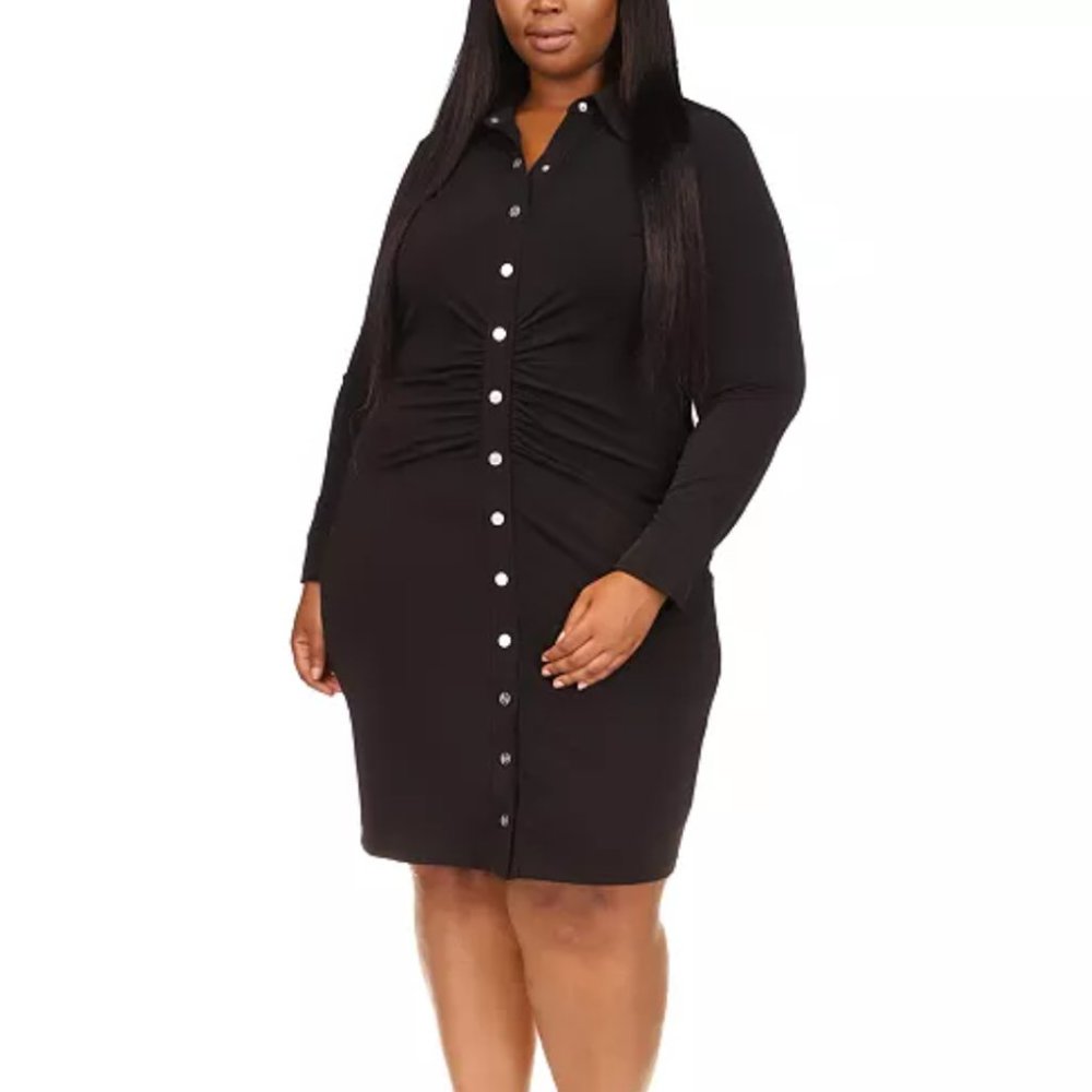 Michael Kors Plus Size Black Ruched Snap-Front Dress - 1X